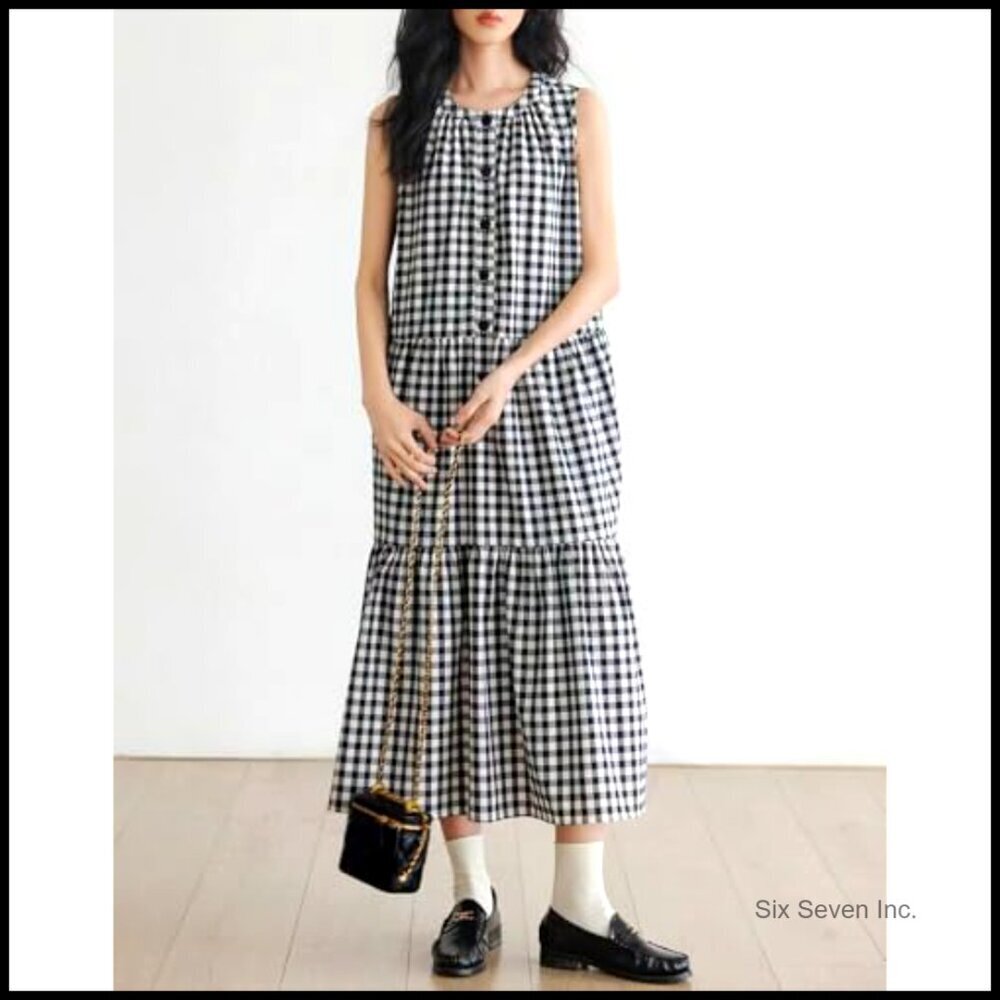Summer Tiered Tank Dress Cotton Linen Sleeveless Beach Plaid Sun Dress - Picture 4 of 7